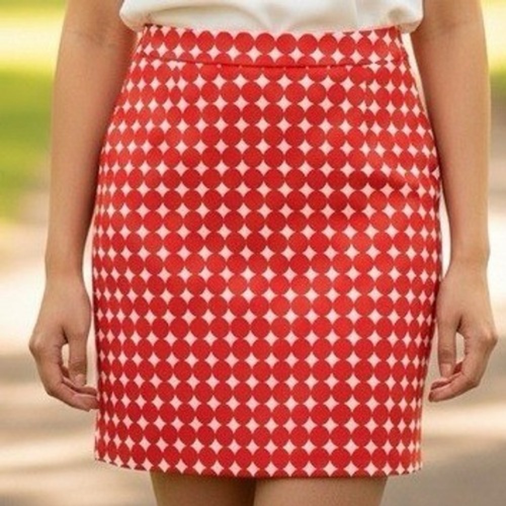 Larry Levine Polka Dot Skirt Women 12 Orange White Stretch Cotton Mini Pocketed